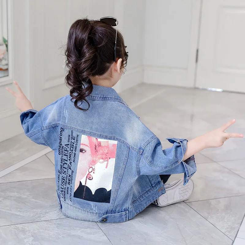 

Spring Autumn Girl Jacket 2019 Printed Cartoon Girl Children's Jeans Kids Outerwear Fashion Designer Coat for Girls Jeans Jacket