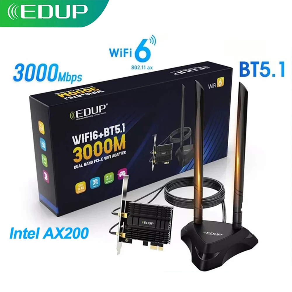Беспроводной адаптер EDUP PCIe Wi-Fi 6 3000 Мбит/с Intel AX200 Bluetooth 5 1 802.11AX сетевой PCIExpress для