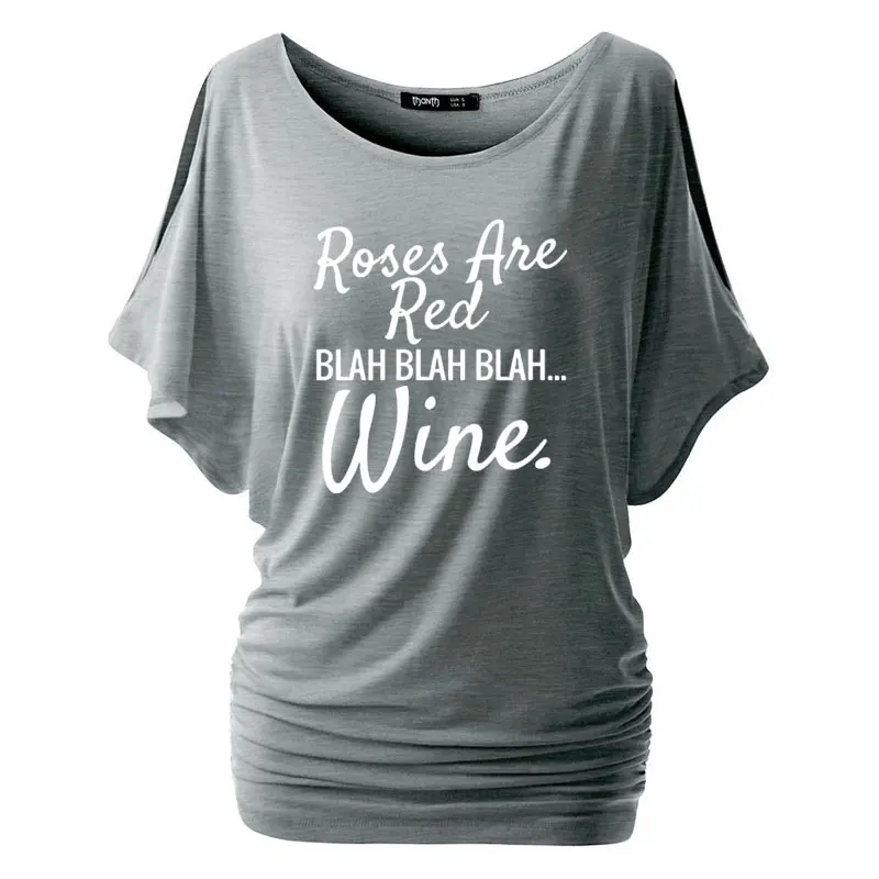 Красная Женская Модная хлопковая Повседневная футболка с рукавом «летучая мышь» и надписью «Rose are ted blah wine» на День святого Валентина