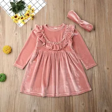 Pudcoco/Одежда для маленьких девочек; однотонные бархатные вечерние платья принцессы с длинными рукавами и оборками; праздничное платье; повязка на голову; комплект одежды из 2 предметов