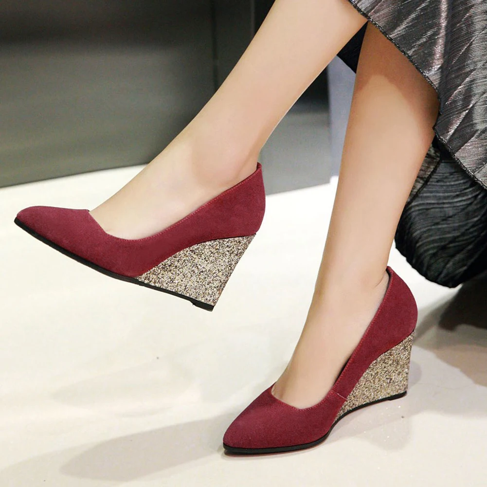 

LAPOLAKA New Wholesale Plus Size 43 Woman Shoes Women Elegant Flock High Quality Pointed Toe Slip On Wedges High Heels Pumps
