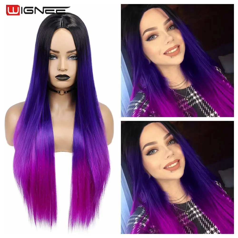 Synthetic-Wig Purple Hair Heat-Resistant Wignee Straight Long Ombre Women Middle-Part