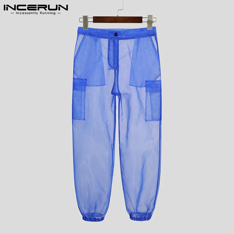 Men Pants Mesh Button Solid Color Sexy See Through Casual Trousers Vacation Breathable Pockets Pantalones Hombre INCERUN wide leg pants men dress pants