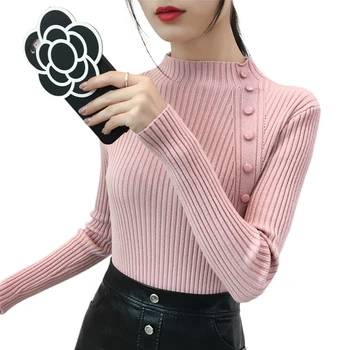 

Turtleneck Button Knitted Women Sweaters Solid Slim High Elastic Sexy Office Lady Elegant Pulls All Match Bottomings Tops