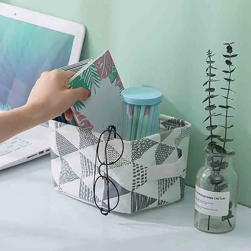 

Linen Fabric Basket Foldable Storage Box Waterproof with Handle Container Desktop Decoration Organizer Home Storage Organization