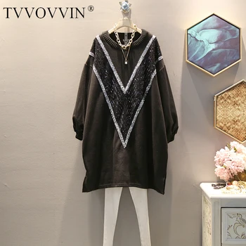 

TVVOVVIN 2019Spring Autumn New Pattern Round Collar Long Sleeve Print Sequin Patchwork Pullovers Casual Dress Women Fashion X836
