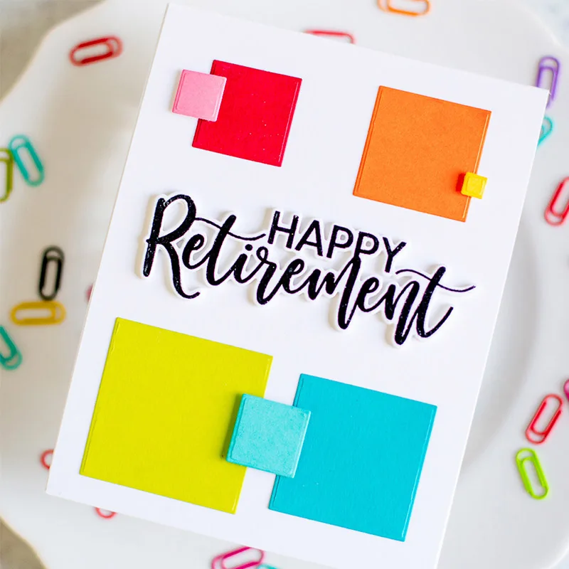 Вырубка с надписью "Happy Retirement"+ прозрачные штампы с надписью "Happy Retirement", металлические вырубки с надписью "Happy Retirement"+ прозрачный штамп для изготовления открыток, новинка