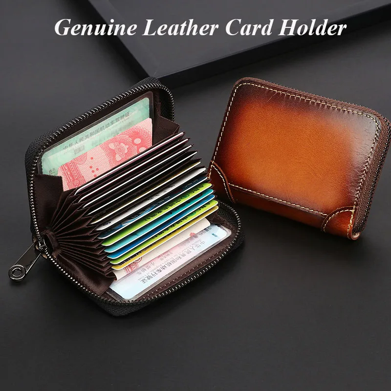

Retro Credit Card Holder Men Women Zipper Coin Purse Genuine Leather Credit Card Holder Women Card Holder High Capacity Coin Bag
