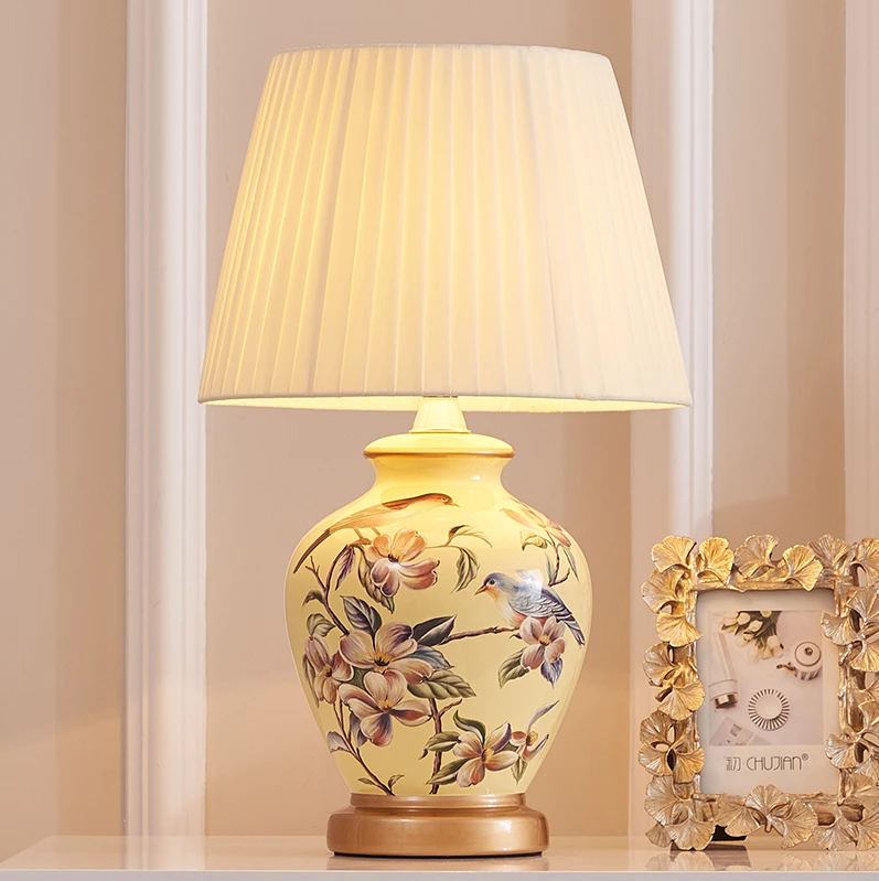 Luminária de mesa em cerâmica com pássaros e flores chinesas, lâmpada led clássica com dimmer/toque, corpo amarelo, e27, para cabeceira, vestiário e estúdio|Luminárias de mesa| - AliExpress
