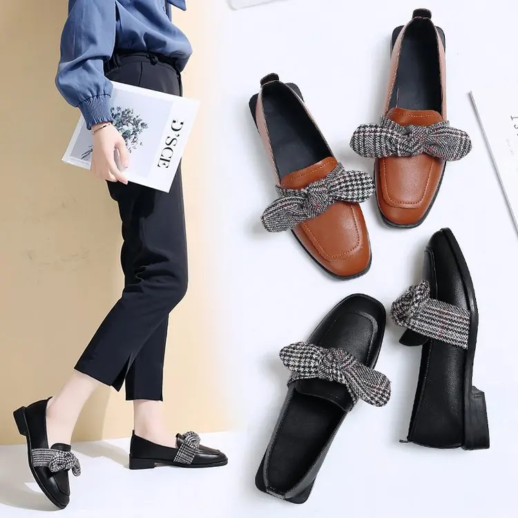 

British Style WOMEN'S Shoes Retro Small Leather Shoes College Casual Autumn Bow Square Head CHIC Hong Kong Flavor Versatile Squa
