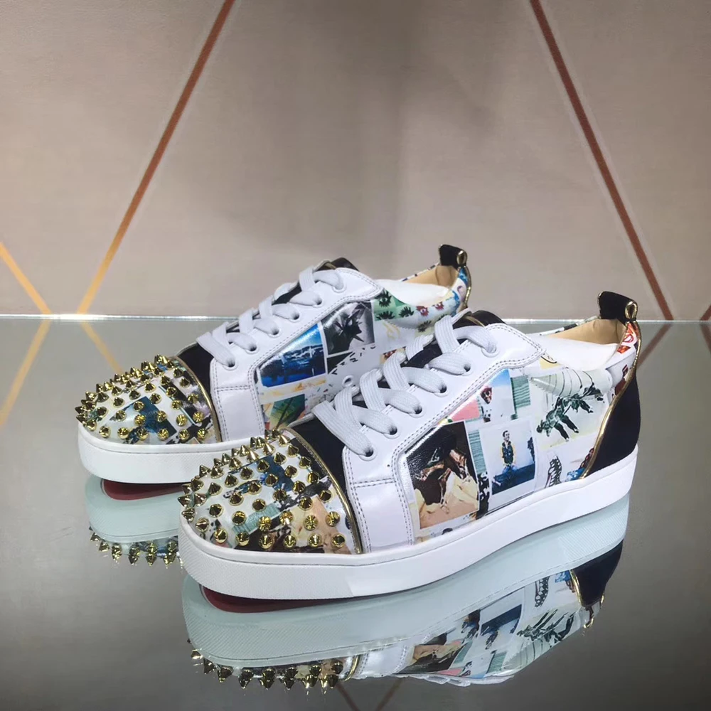 

Top Low Cut Leisure Lace Up Color Graffiti Portrait Leather Rivets Red Bottoms For Men Sports Shoes Sneakers Flat Loafers