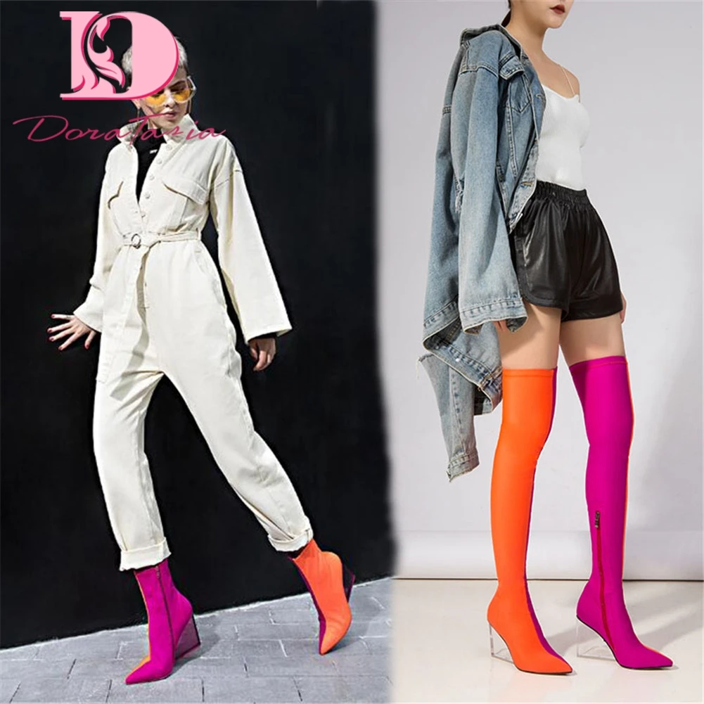 

Doratasia Brand design pointed toe lady thigh high boots wedges high heels shoes woman party sexy stain over the knee sock boots