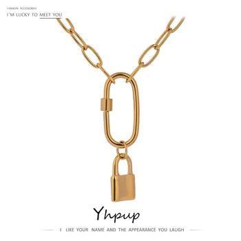 

Yhpup Statement Stainless Steel Jewelry for Women Ellipse Lock Pendant Necklace Golden Plated Chain Choker Necklace брелок 2020
