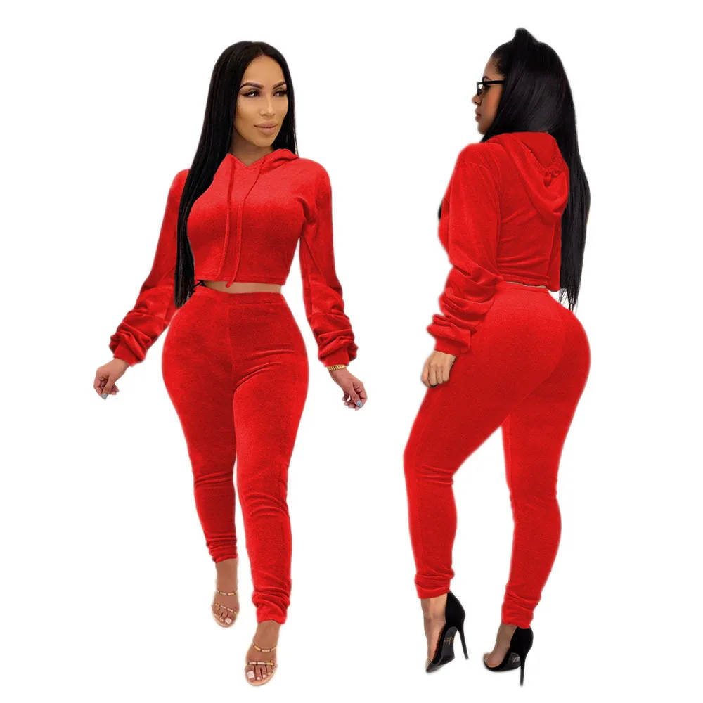 

Spring Casual Women 2 Pieces Set Hooded Sweater Top + Pencil Pants Jogging Femme Tracksuit Women Sportwear Red Gray