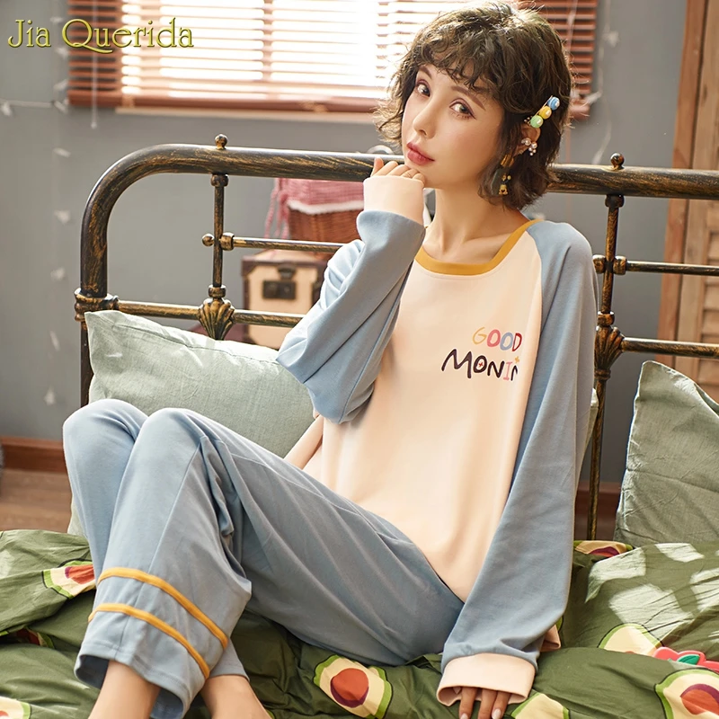 Модные женские пижамы хлопок корейский стиль плюс размер пижамный комплект с длинными рукавами с буквенным принтом штаны с принтом Ночная одежда для молодых девушек Костюм - Цвет: 9218