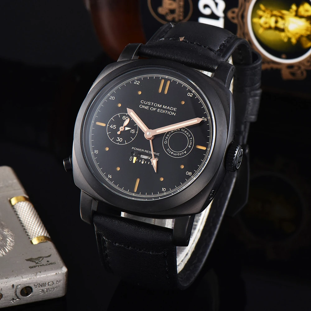 

Men's Sports Watch 44mm Men's Watch Automatic Upper Chain Movement Core 316L Stainless Steel PVD Black Case Energy Storage Leath