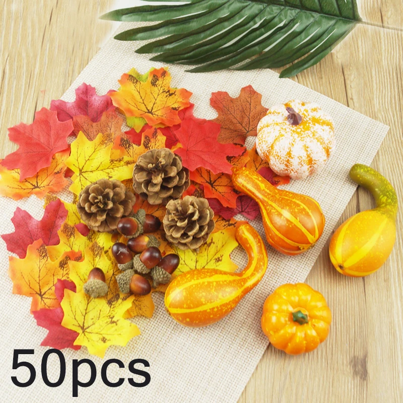 50PCS Осеннее украшение тыквы шелк Урожай Реквизит искусственные тыквы листья 3 размера Хэллоуин украшение - Цвет: 50PCS
