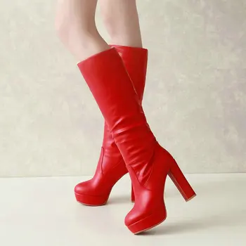

Winter Women Boots Fashion Platform Square High Heel Knee High Boots Slip On Warm Plush Snow Boots Ladies Shoes Black White Red