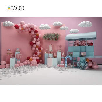 

Laeacco Pink Wall Clouds Cart Sweet Bar Ribbons Photo Backgrounds Baby Birthday Party Photography Backdrops For Photo Studio