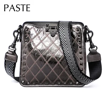 

Gun Metal Flap Bag Diamond Lattice Rivet Design Women's Shoulder Bag Shiny Cowhide Leather Small Daily Female Crossbody Bag