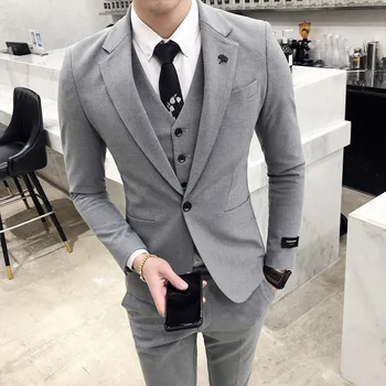

New Business Leisure Suit Set in Autumn 2020 Korean Version of British Men's Small Suit Three-piece Stage Banquet Dress Set