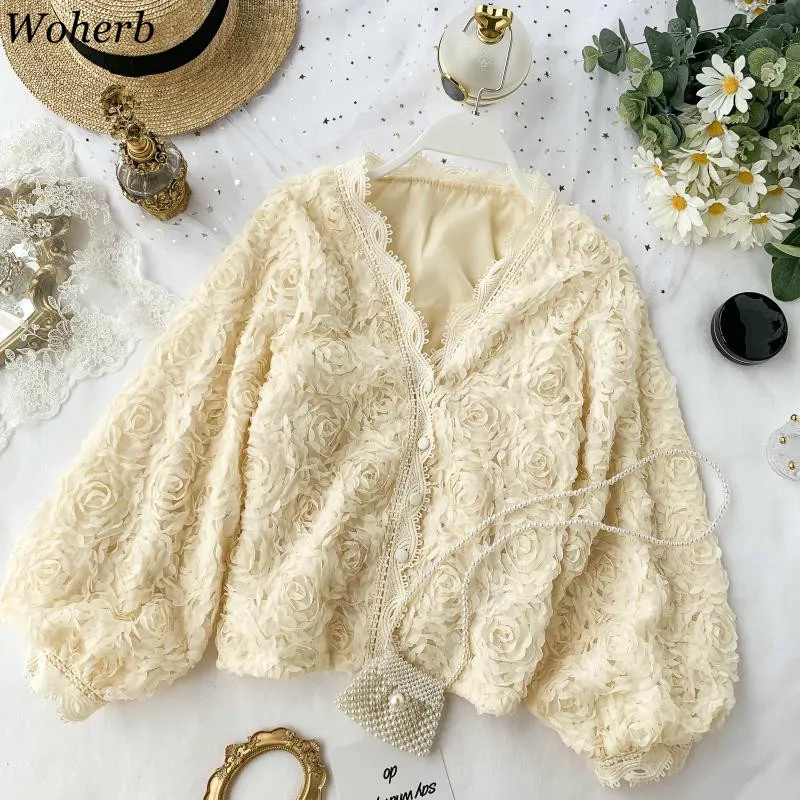 

Woherb Elegant Coat Women Solid Color V Neck Puff Long Sleeve Jackets Lace Patchwork Korean Fashion Temperament Cardigan 90790