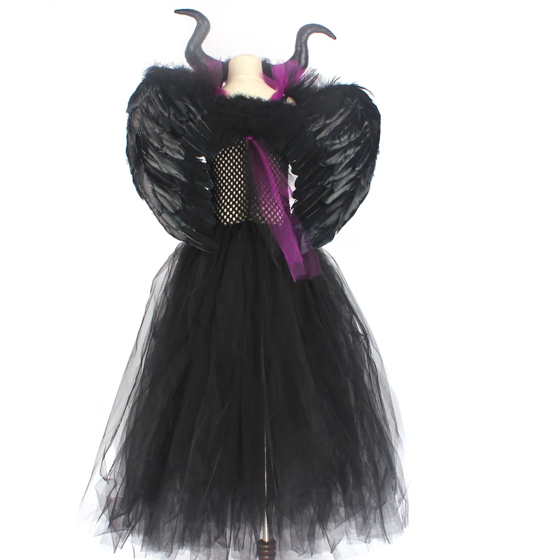 H16c7c00850954642b4bb56cf7530ac90t Maleficent Black Gown Tutu Dress with Deluxe Horns and Wings Girls Villain Fancy Dress Kids Halloween Cosplay Witch Costume