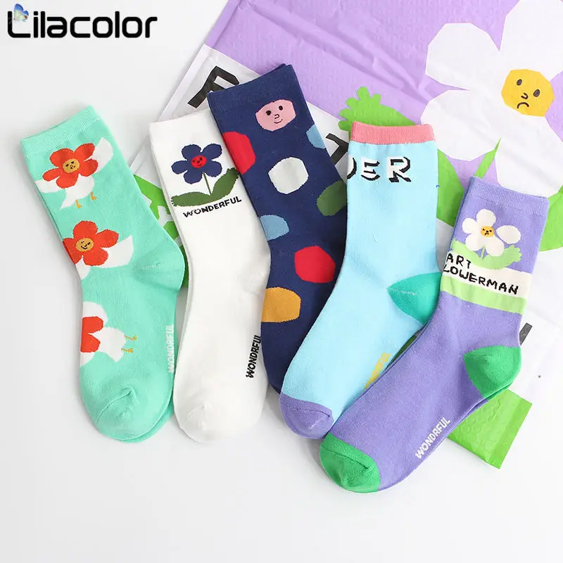 

Floral Print Women Socks Autumn Cotton Breathable Midi Female Socks Korean Style Girls Student Socks Cute Sweet Casual Soft Sock