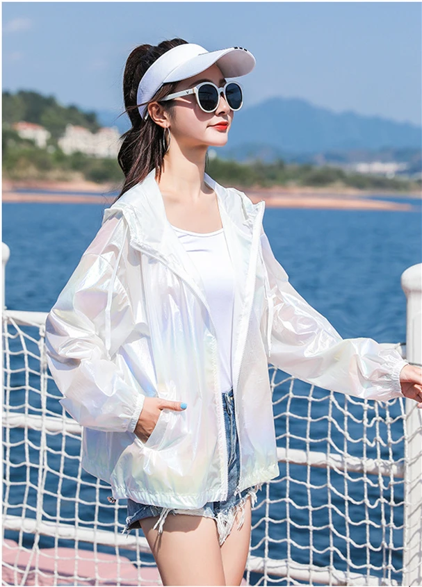 YUANYUANJYCO summer thin woman jacket reflective colorful zipper hooded long sleeve fashion white pink jackets for women coats