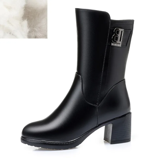 Snow Boots Women Winter New Genuine Leather Ladies Snow Boots Wool High Heel Ladies' Winter Boot Large Size 42 43 - Цвет: Черный