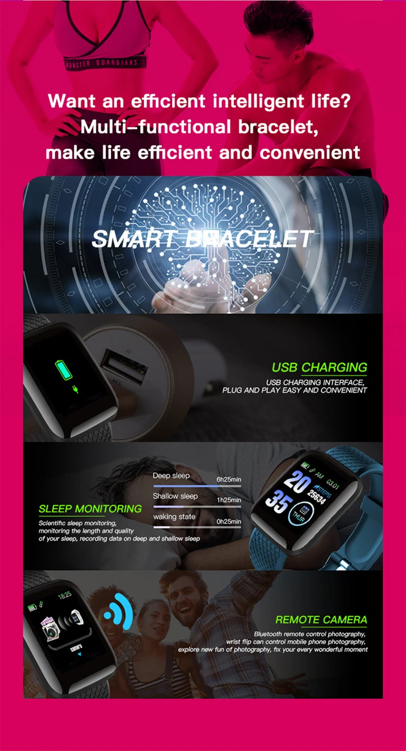 Smart Bracelet 1.3inch Color Screen IP67 Waterproof Heart Rate Blood Pressure Monitoring Track Movement Sport Pedometers116plus