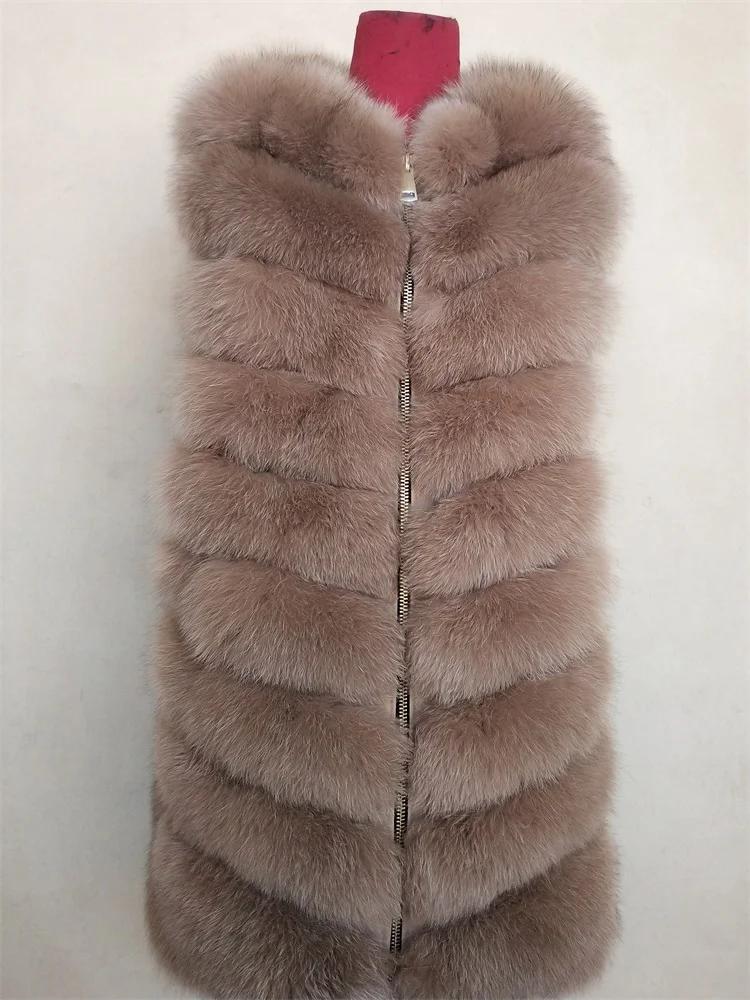 BEIZIRU натуральный Лисий мех жилет женский зимний высокого качества модный теплый без рукавов три молнии натуральный мех пальто - Цвет: camel