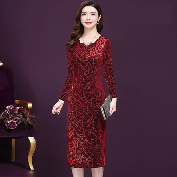 

Spring Fall Womens Long Sleeve Glitters Embroidery Wine Red Golden Cheongsam Dress , Women Diamonds 6xl Chipao Dresses