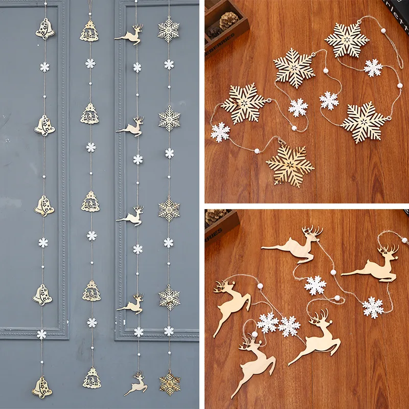 

190cm Christmas Tree Wooden Hanging Santa Claus with String Xmas Elk Snowflake Pattern Pendant Christmas Decorations for Home