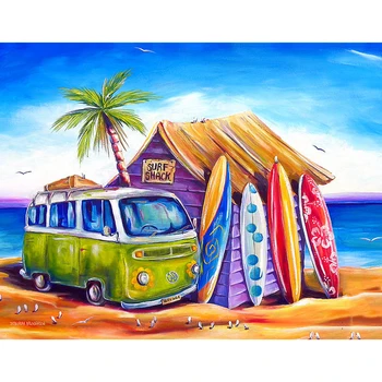 

DIY Painting By Numbers Car Hut Coloring By Numbers Seaside Cartoon Wall Art Canvas Picture Hand Painted Modern Room Decoration
