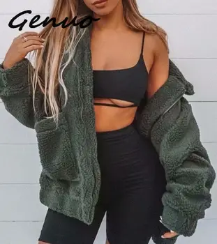 

Genuo Faux Fur Jacket Women Fluffy Shaggy Winter Coat Bomber Jackets Coats Turn-down Collar Zipper Women Outerwear Ladies Tops