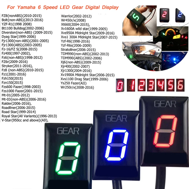 

Motorcycle Plastic Light Direct Plug-in Red/Blue/Green 6 Speed LED Gear Digital Display Indicator For Yamaha R1/R6 MT01/MT03 Fz1