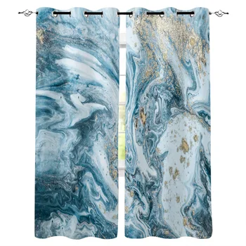 

Marble Texture Blue Golden Metal Art Wave Window Curtains LivingRoom Kitchen Curtains Left and Right Biparting Open