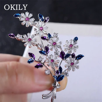 

OKILY Elegant Zircon Flower Brooch for Women's Enamel Bouquet Pin and Brooches Suit Clothing Coat Jewlery Accessories
