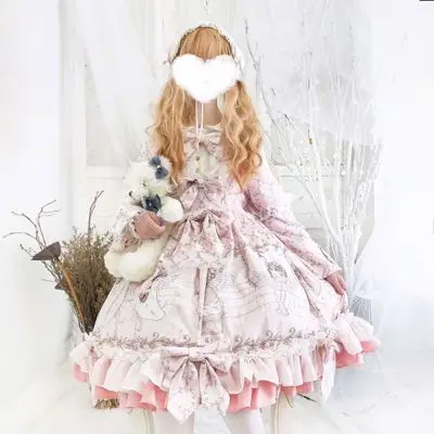 OP Lolita Dress Cute Romantic Pink Printing Lace Falbal Bowknot Kawaii Girl Cosplay Court French Gorgeous Loli Costume Hair Band
