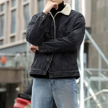 

Men Winter Light Blue Winter Jean Jackets Outerwear Warm Denim Coats Men Large Size Wool Liner Thicker Winter Denim Jackets