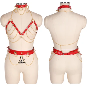 

Leather Harness Bra Crop Tops With Choker Chest Body Cage Metal Chain Waist Belt Hollow Out Pole Dance Gothic Rave Lingerie Set
