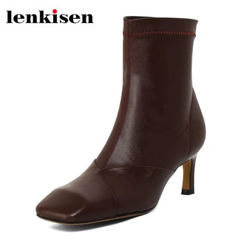 

Lenkisen genuine leather square toe high heel winter shoes office lady daily wear simple solid back zip modern ankle boots L91