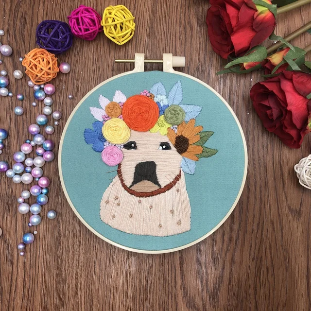 Animal World Embroidery Starter Kit for Beginners, Modern Embroidery Kits, Contains all Embroidery Tools, English Description Dog A