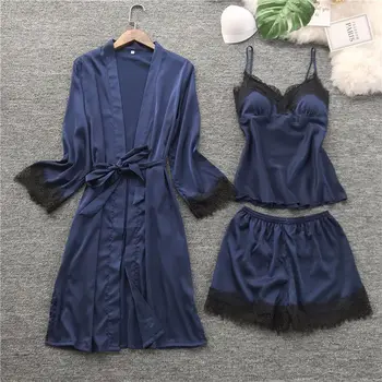 

Sexy pajamas with chest pad Women's Ice Silk temptation suspenders shorts nightgown silk kimono home wear three-piece long
