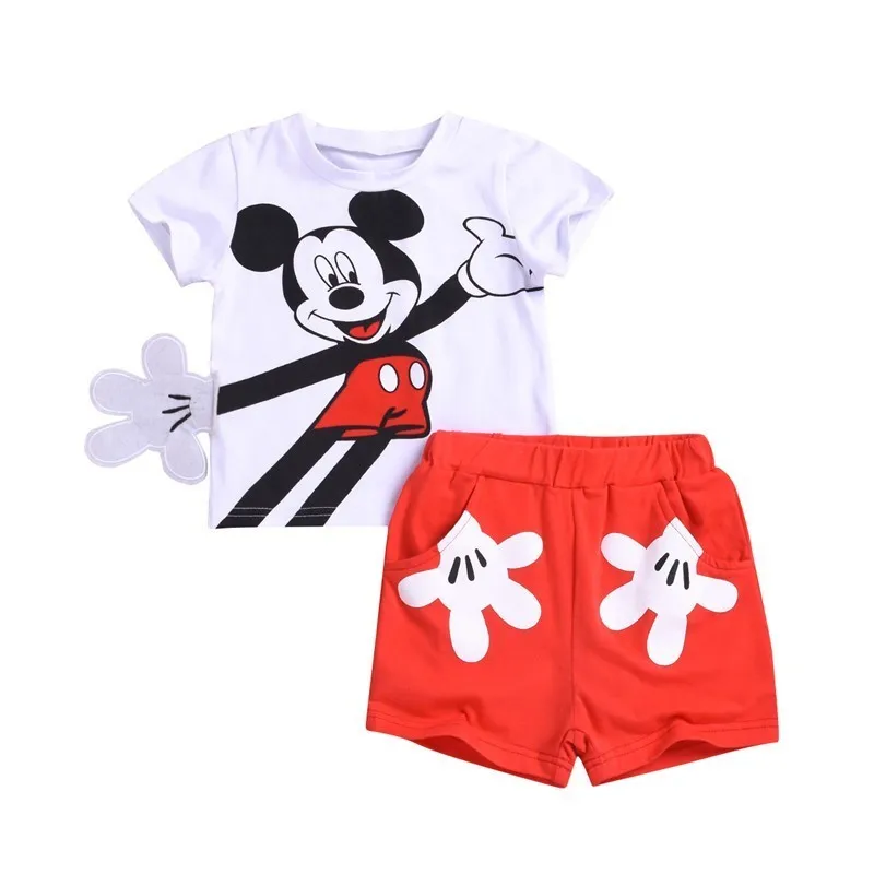 Летняя одежда для маленьких мальчиков; комплект хлопковой одежды для девочек; спортивная одежда унисекс с Микки Маусом; одежда для малышей; Roupas Bebe; дизайнерская детская одежда с героями мультфильмов - Цвет: red