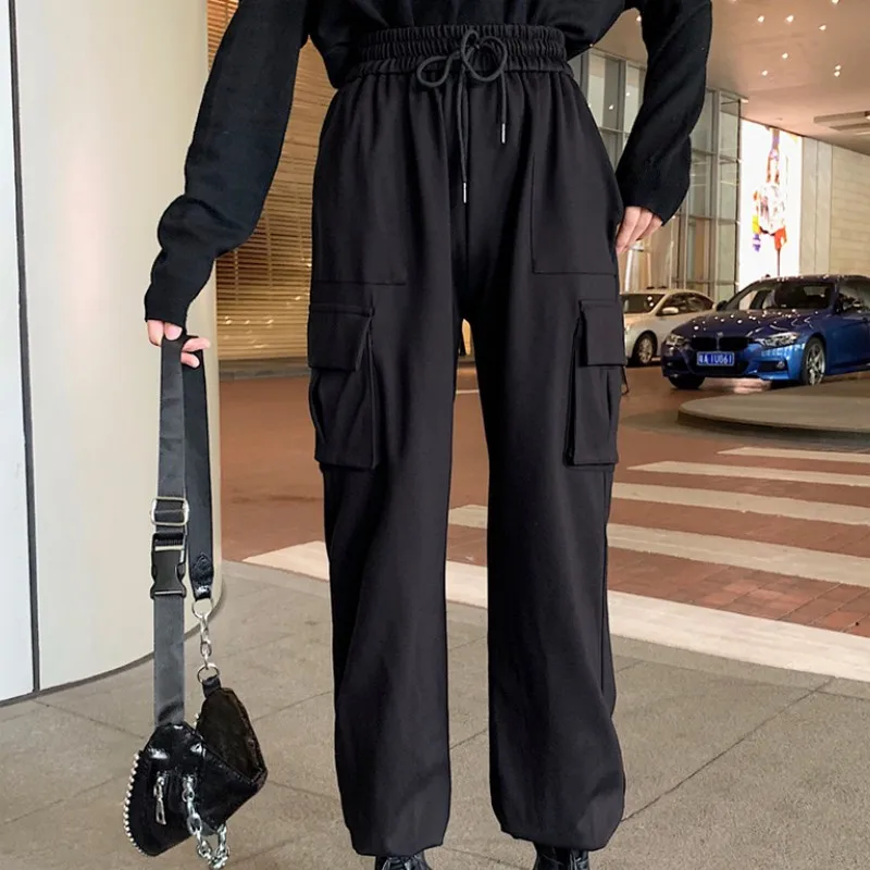 

M-3XL Beam Foot Pants for Women Plus Size Autumn Pants Women Big Pocket Tooling Trousers Women Casual Fashion High Waist Pants