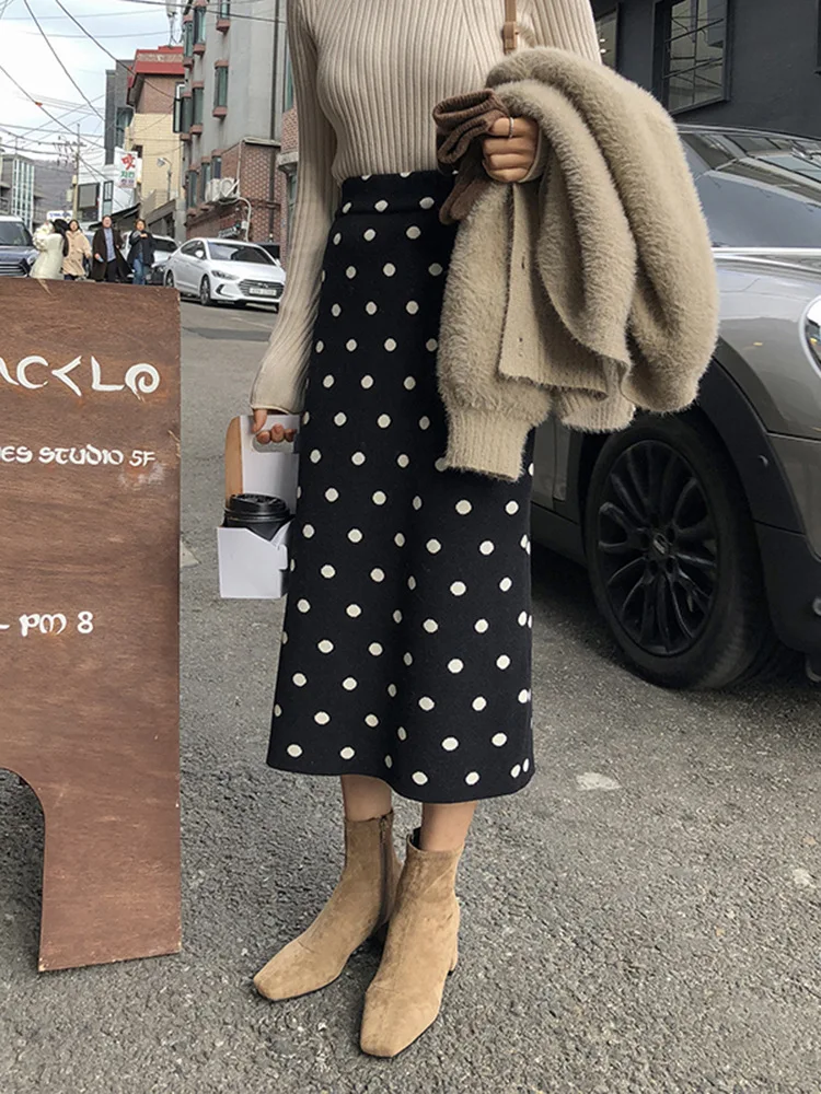 

Knitted Skirt 2018 Autumn And Winter New Style High-waisted Polka Dot Mid-length A- line Skirt Skirt One-step Skirt