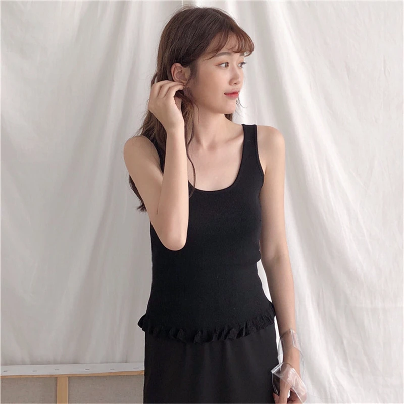 Shellsuning Camisole, Женская Весенняя волнистая короткая трикотажная майка с u-образным вырезом без рукавов, однотонная простая повседневная Облегающая майка, мягкая Женская майка