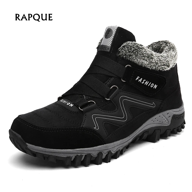 

Leather Winter Boots Men with Fur 2019 Warm Plush Snow Boots Men Winter Work Casual Shoes Sneakers High Top Rubber Ankle Boots